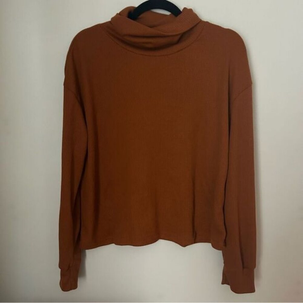 Shein Top Turtleneck Waffle Knit Burnt Orange Brown Casual Neutral Fall Comfy